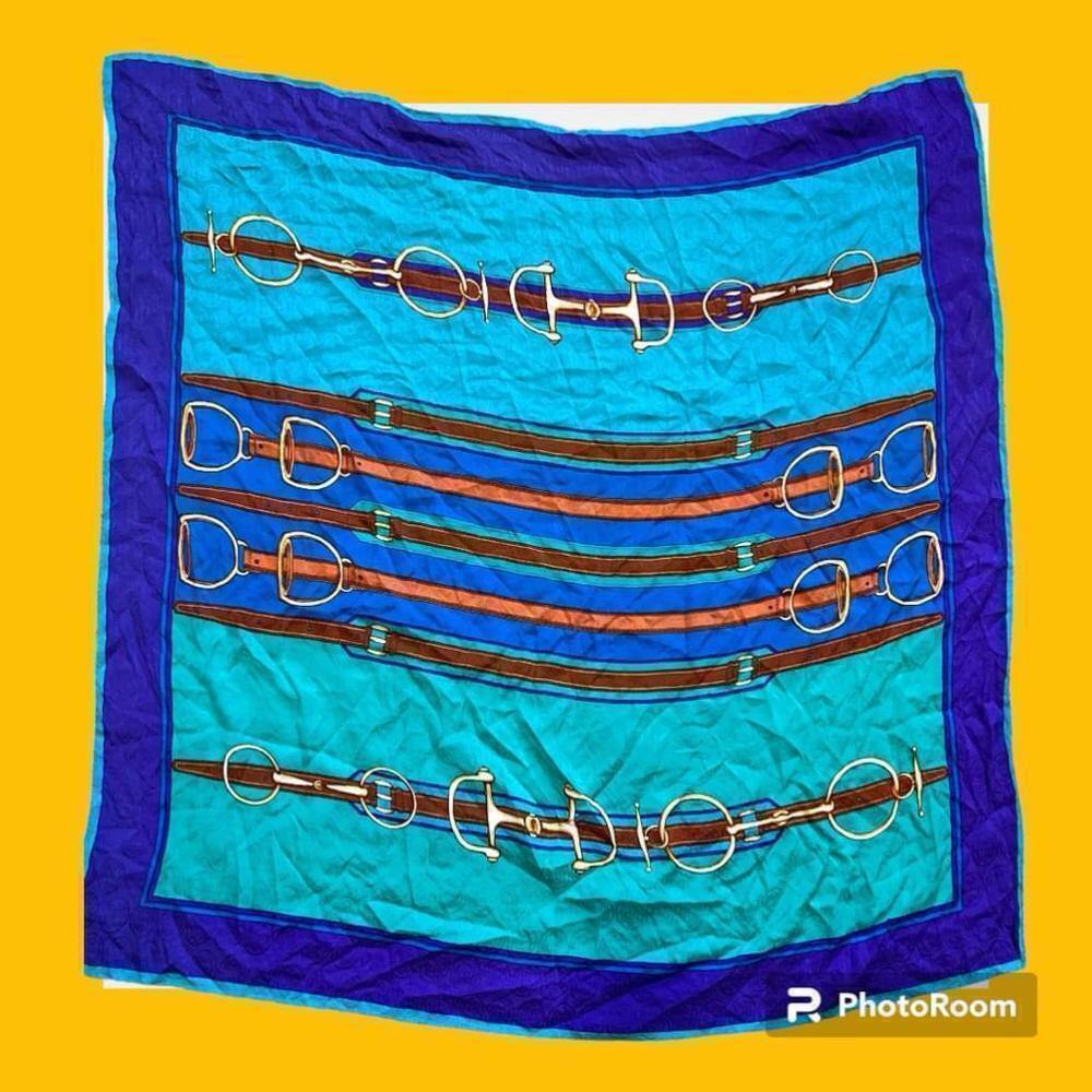 Hermes Style Scarf Square Teal Silky Vintage